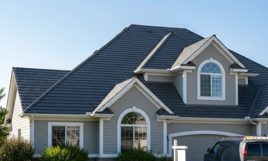 Gray house with dark roof and white trim has a real estate sign and a parked van in the driveway